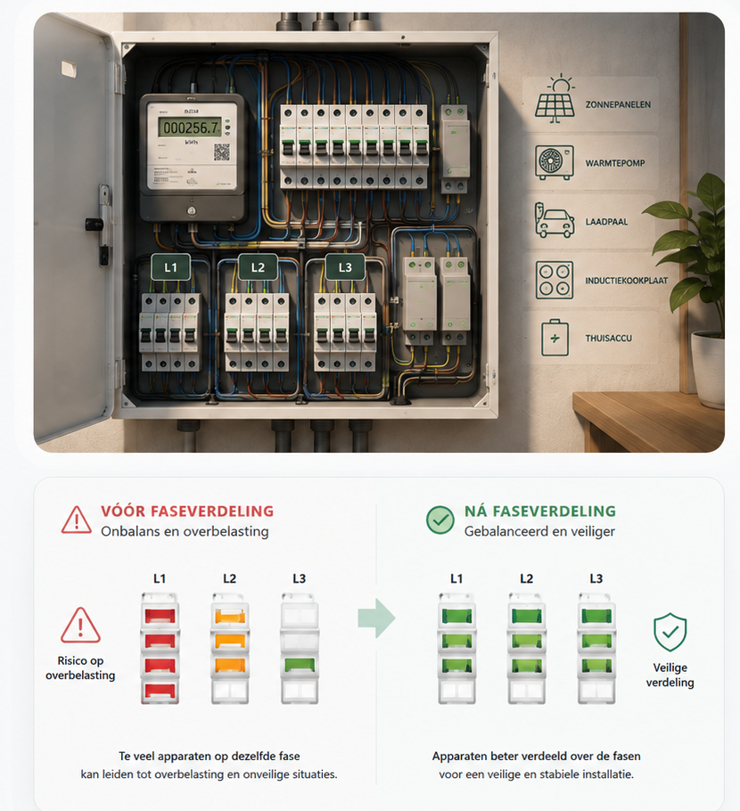 Meterkast met elektrische installatie en voorbeeld van faseverdeling